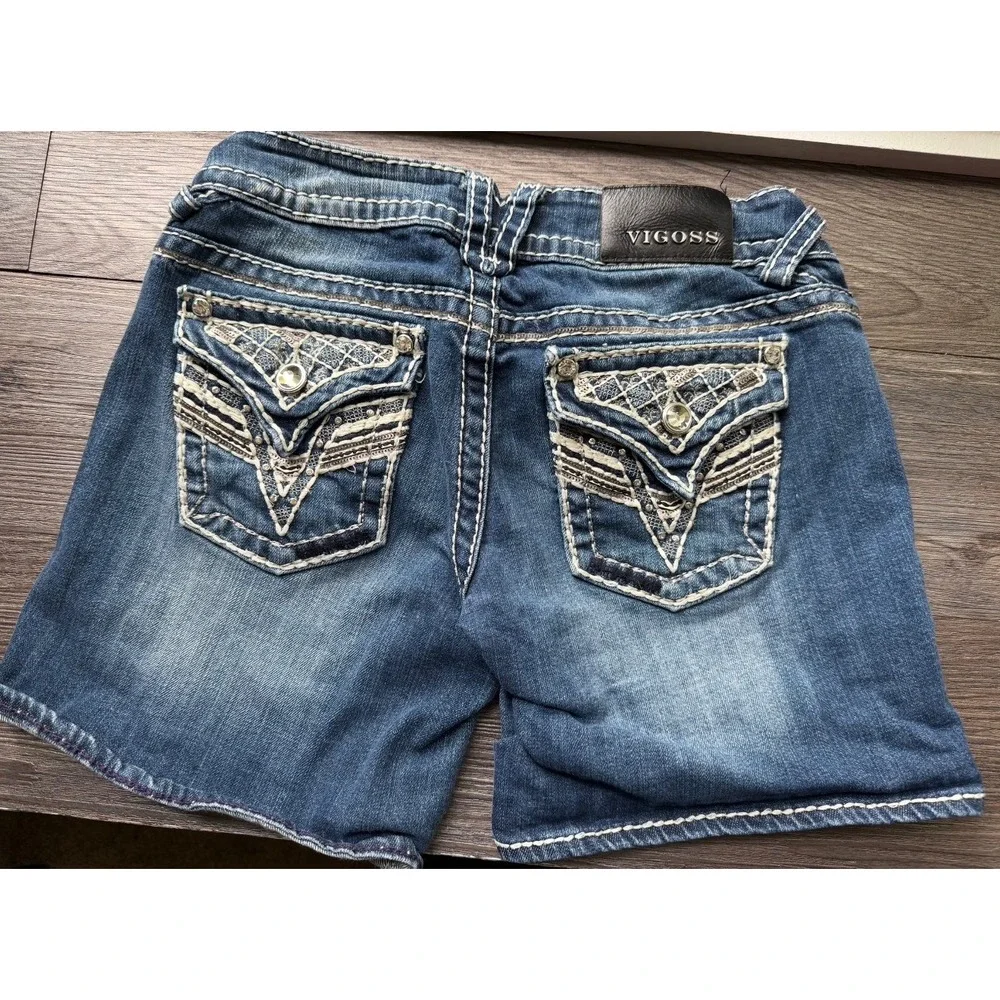 Vigoss The New York Short Denim Shorts Medium Wash Stitch Embellished size 3/4